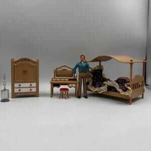 Vintage Tomy Dollhouse Bedroom Furniture Set Bed Vanity Armoire Stool Lamp Dad